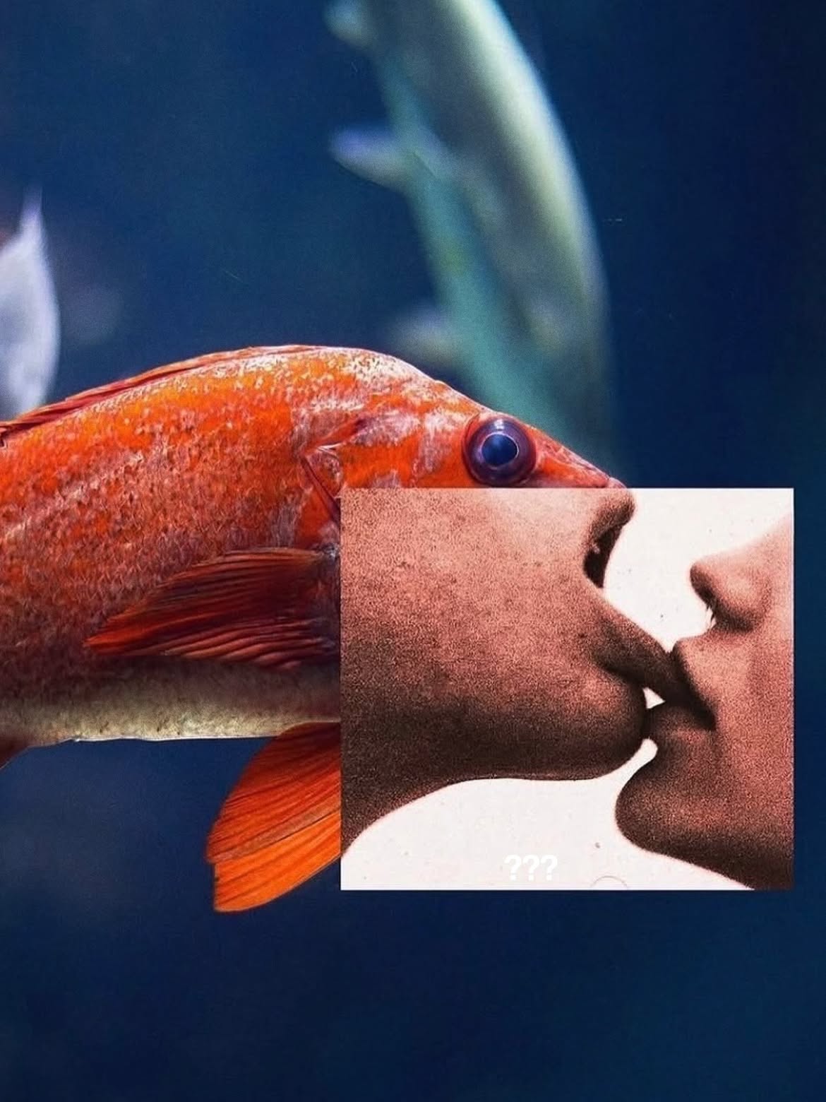 Surreal collage of a red fish and two people kissing